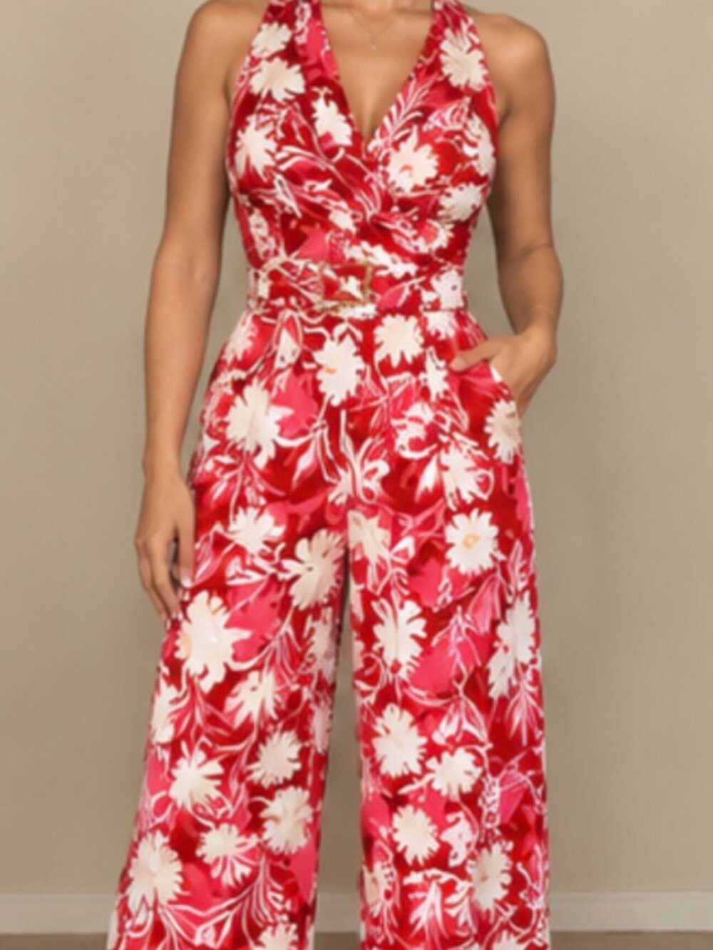 A. Peach Red & White Floral Halter Wide-Leg Jumpsuit